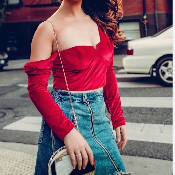 SELF-PORTRAIT One-shoulder Velvet Crop Top in pink size 2 - Picture 3 of 9